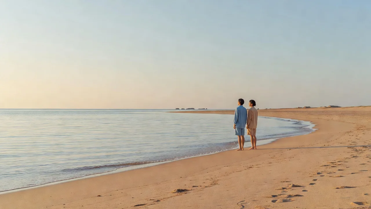 夕暮れの浜辺に立つカップル